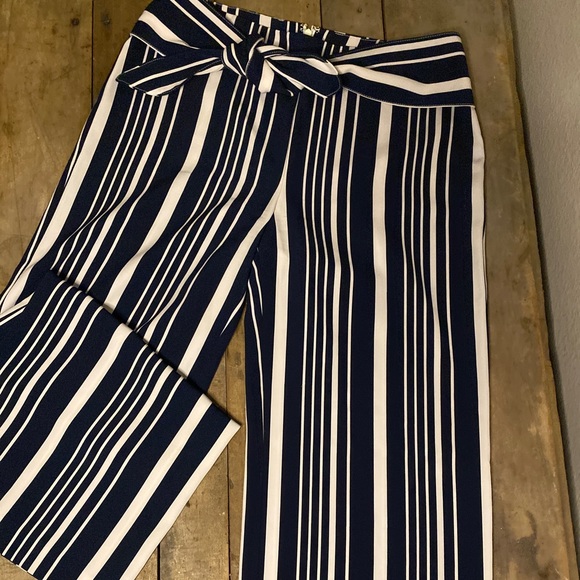White & Navy Striped Dress Pants w/ tie in front - Picture 1 of 4